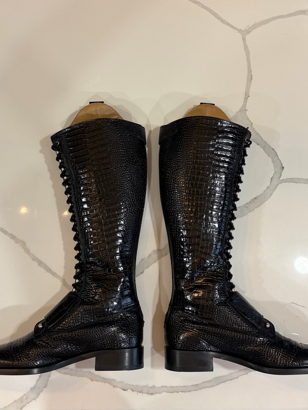 Christian Louboutin Black Croc-Embossed Lace-Up Knee Boots